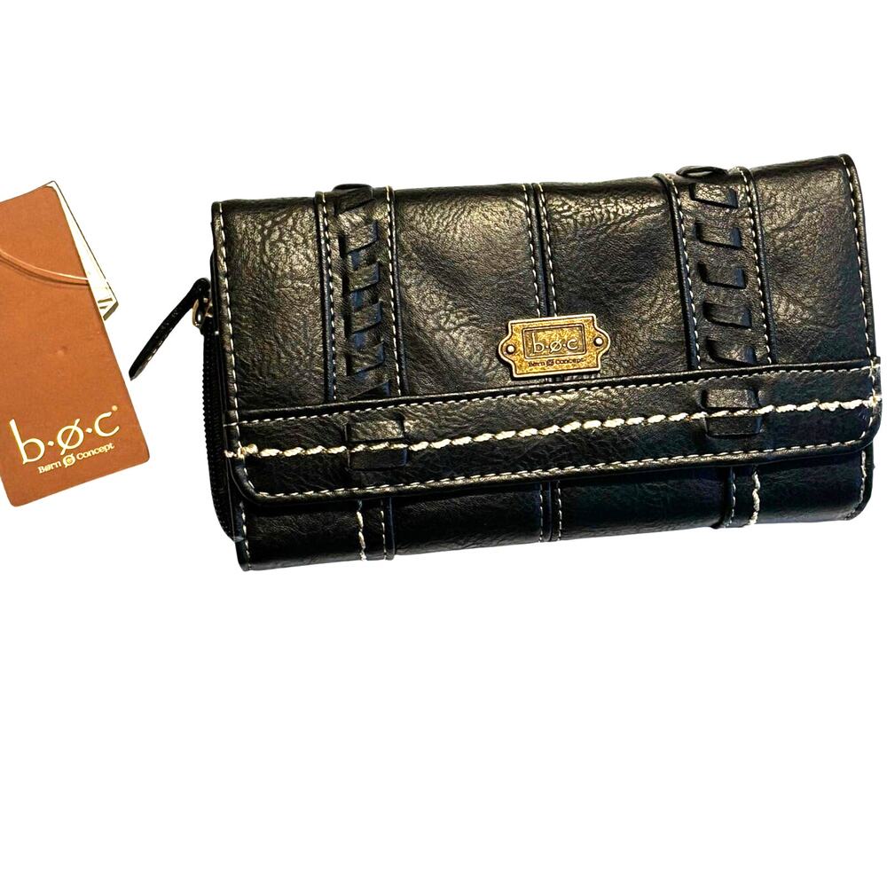BOC black stitched leather wallet women's clutch purse trifold design NEW w/ tag